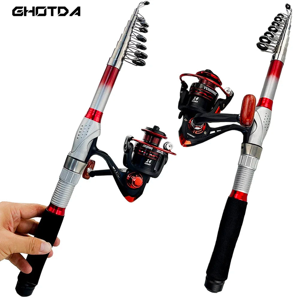 carbon telescopic fishing pole Carbon Fiber Telescopic Fishing Rod & Spinning Reel Combo – 5.5:1 Gear Ratio