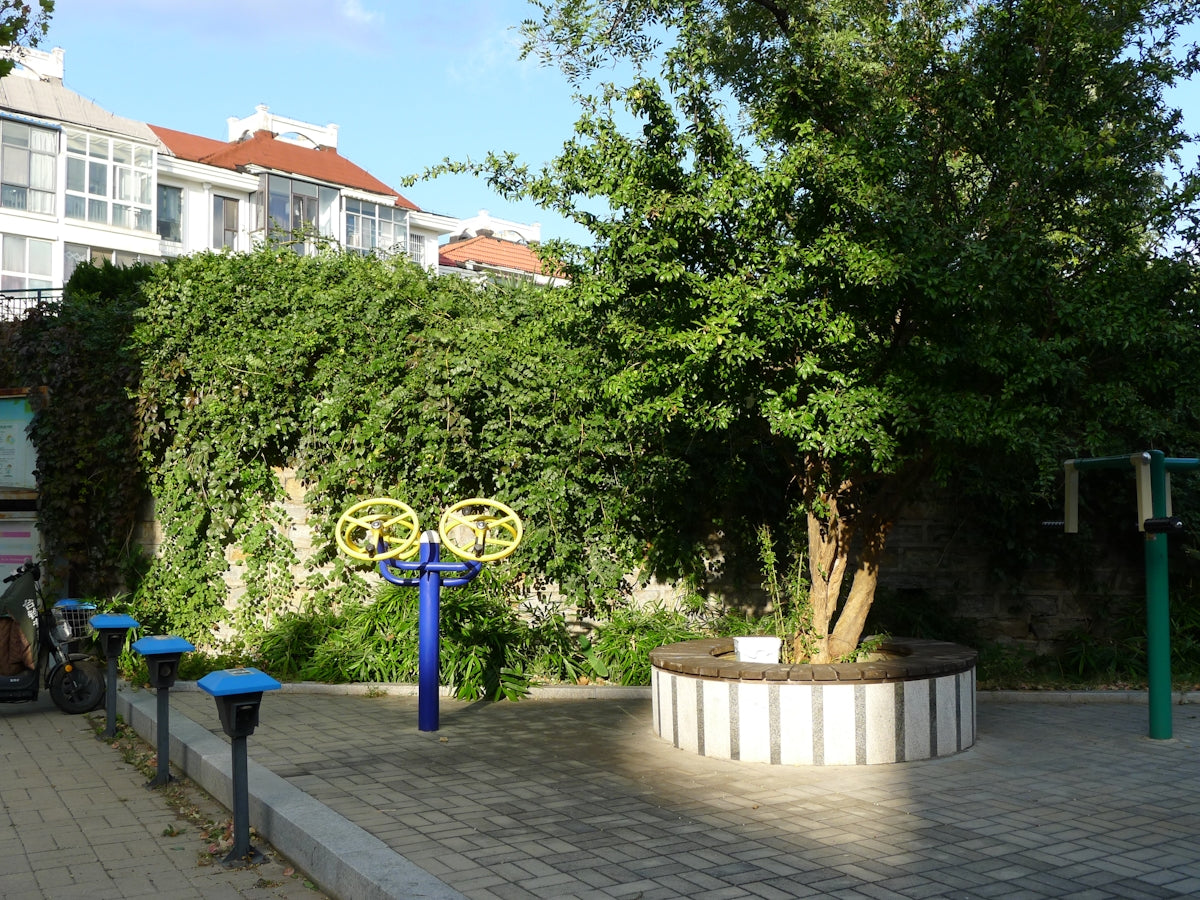 Outdoor exercise equipment near residential buildings