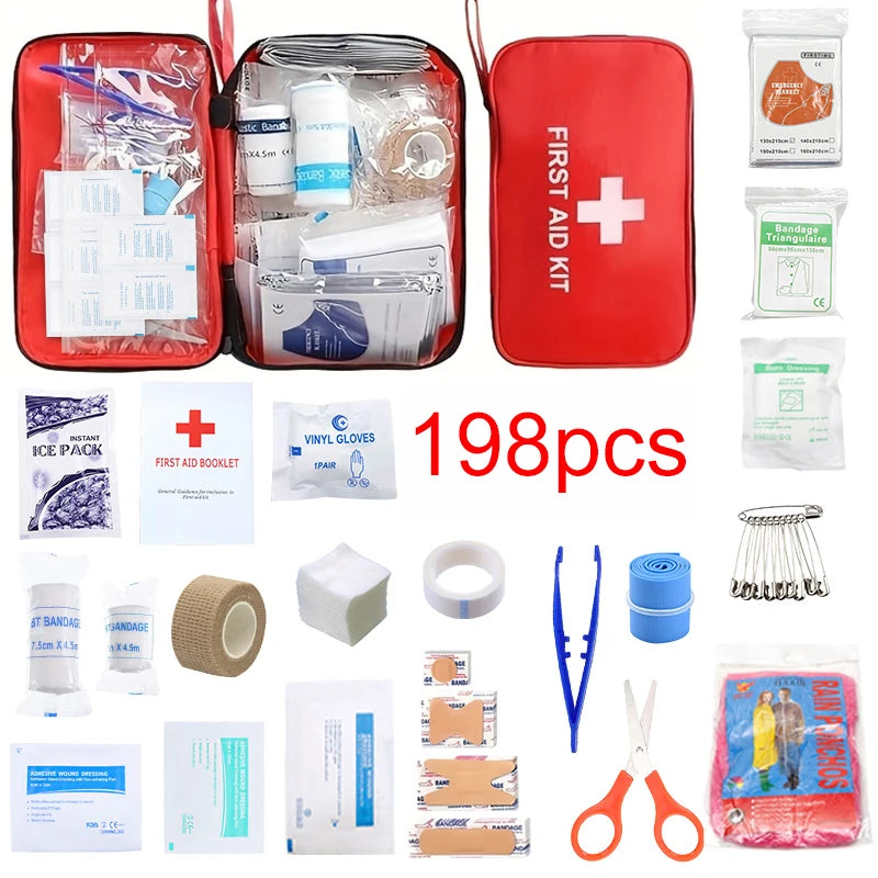 Family Car Travel First Aid Kit 198 Pieces First Aid Kit for Home, Car, Travel, Business, Survival, Office, Camping, Hiking, Boa Trekker Essentials