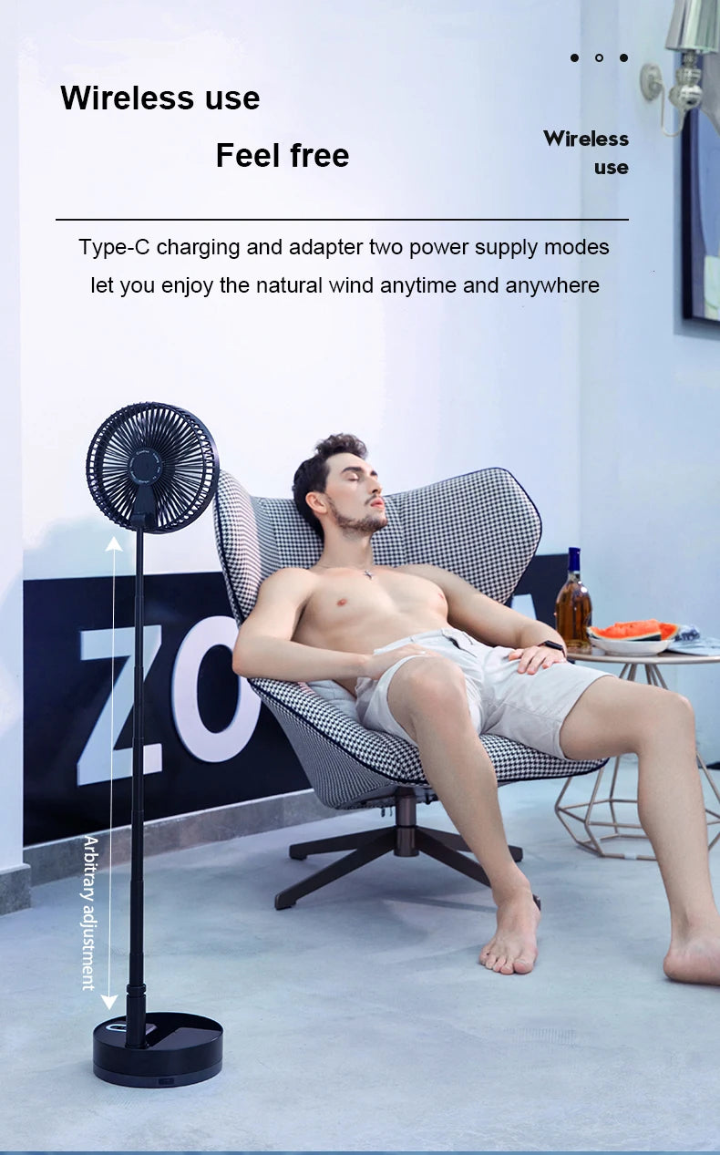 Ventilador de suelo plegable portátil de 10800 mAh | Recargable por USB, control remoto, enfriador de aire silencioso para acampar