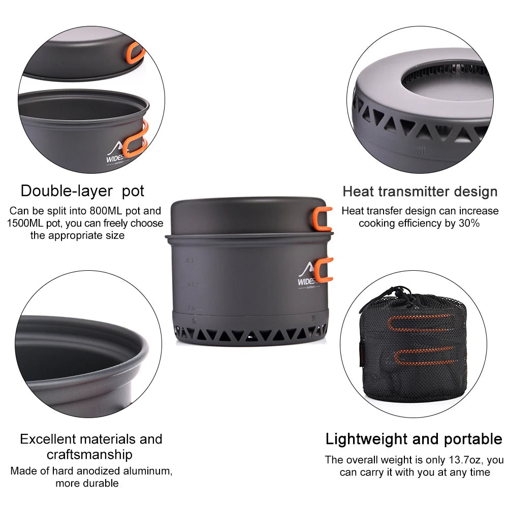 1.3L & 2.3L Lightweight Aluminum Camping Cookware Set with Carry Bag