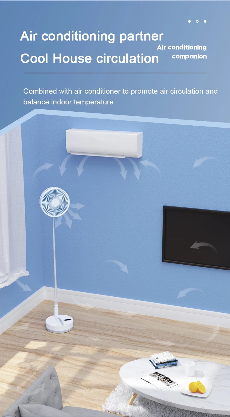 Ventilador de suelo plegable portátil de 10800 mAh | Recargable por USB, control remoto, enfriador de aire silencioso para acampar