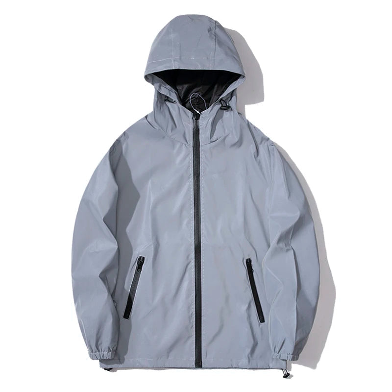 NEW SIZE Night Reflective Jackets Double Fabric Windbreaker Hooded Jacket Men Hip Hop Dancer Waterproof Zipper Coats Outwear Trekker Essentials