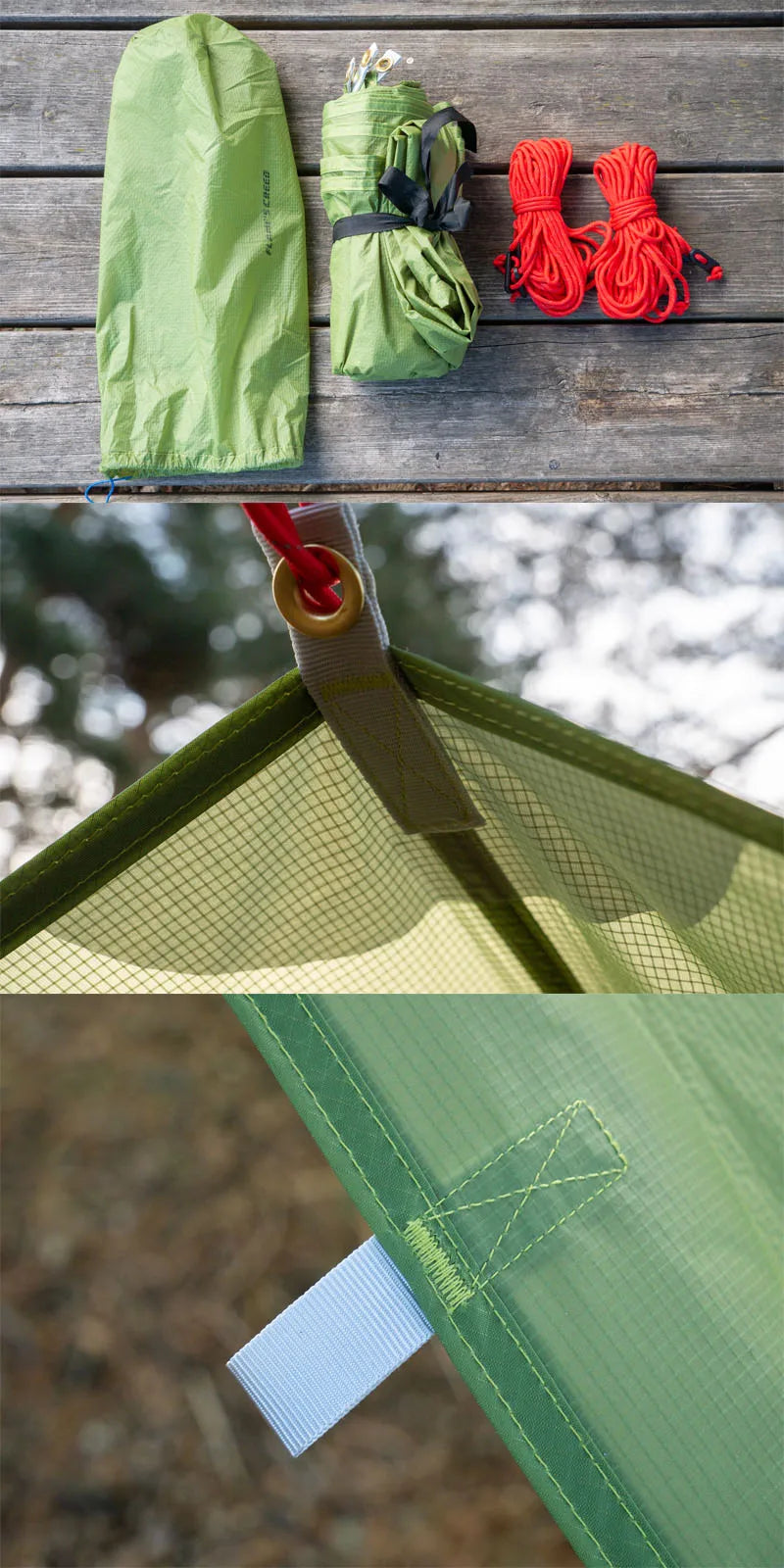 Ultralight Camping Tarp 15D Nylon Silicone Coated – Waterproof Backpacking Shelter (3×3 / 4×3 / 5×3 m) Trekker Essentials