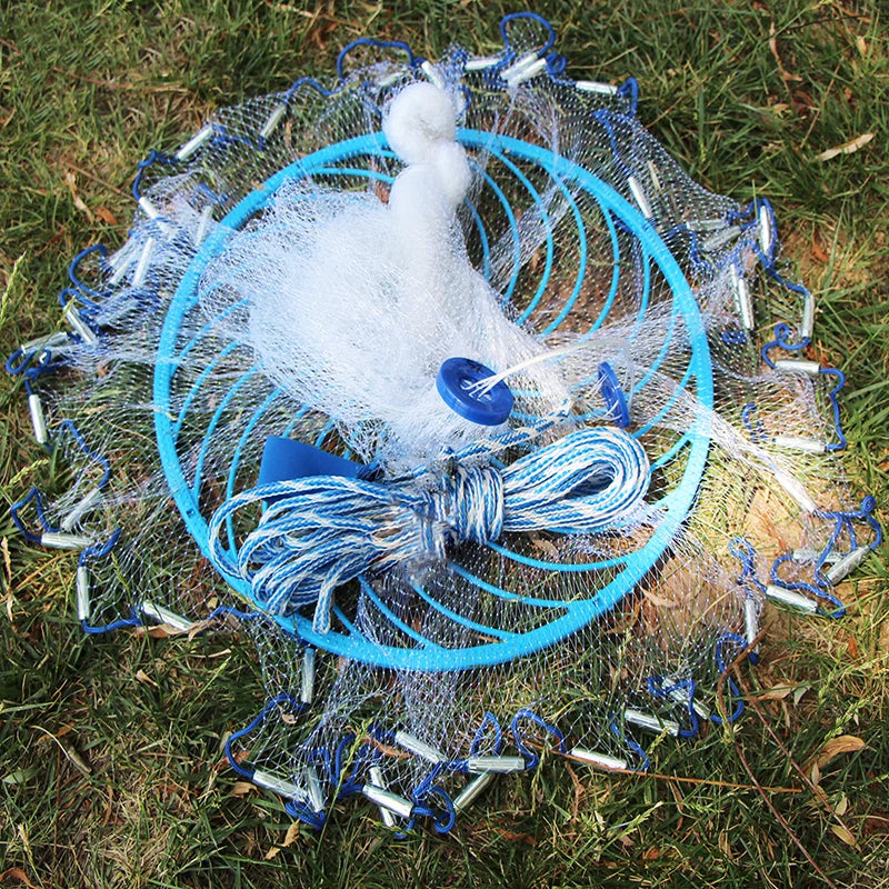 Lawaia Hand Cast Net Aluminum or Blue Plastic Ring Folding Network Steel Pendant Monofilament Nylon Fishing Line Fishnet Trekker Essentials