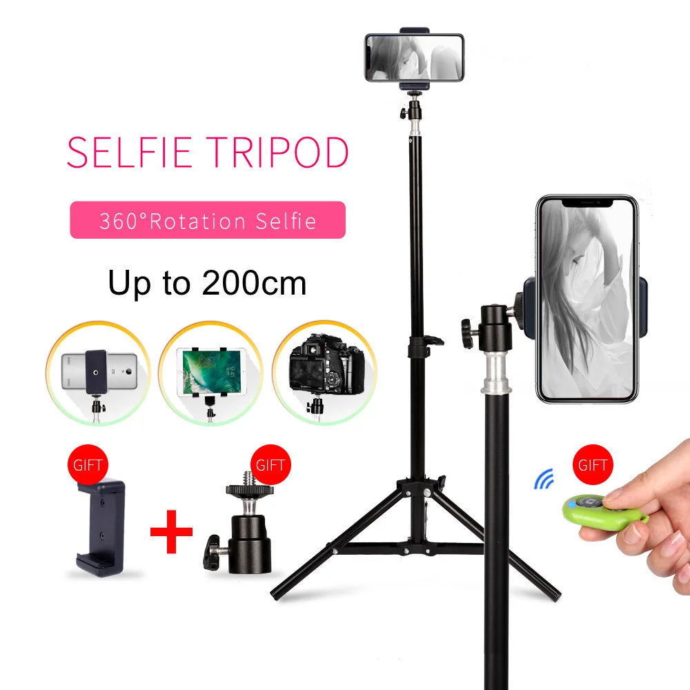 Flexible Phone Tripod Stand with Ring Light & Bluetooth Remote - 200cm