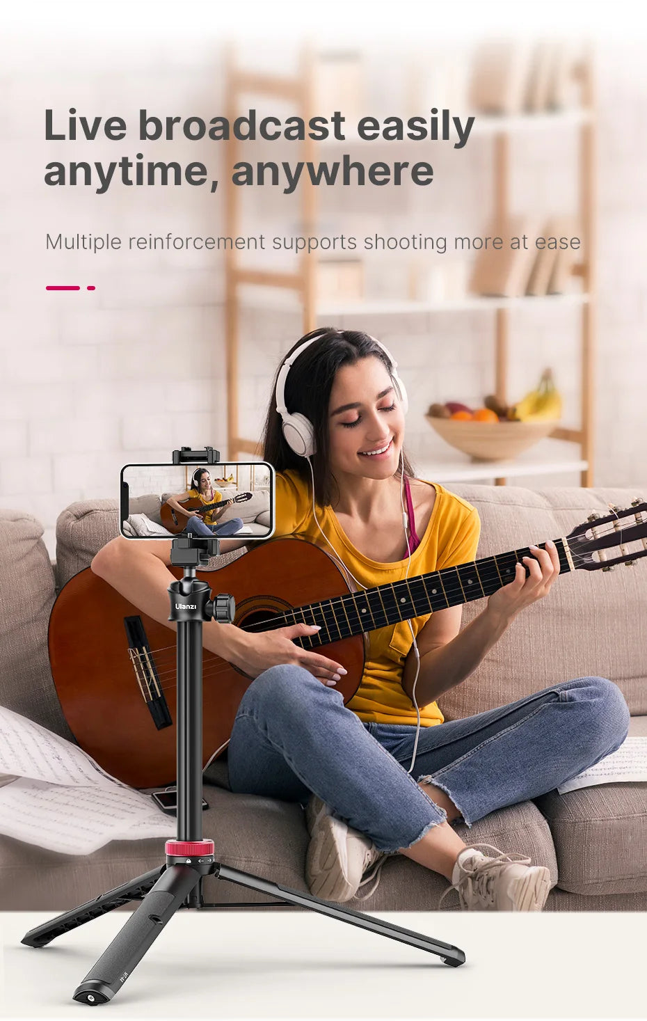 Extendable Vlog Tripod Stand with Phone Mount – 42" for DSLR, Smartphone, GoPro