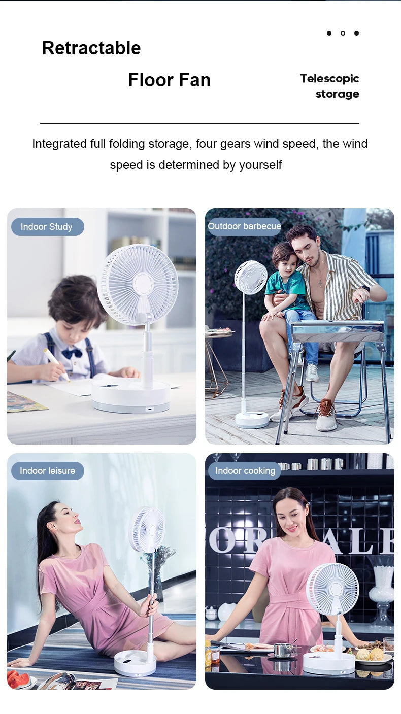 Ventilador de suelo plegable portátil de 10800 mAh | Recargable por USB, control remoto, enfriador de aire silencioso para acampar