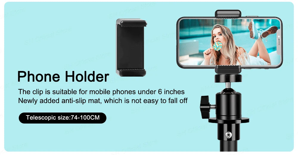 Flexible Phone Tripod Stand with Ring Light & Bluetooth Remote - 200cm