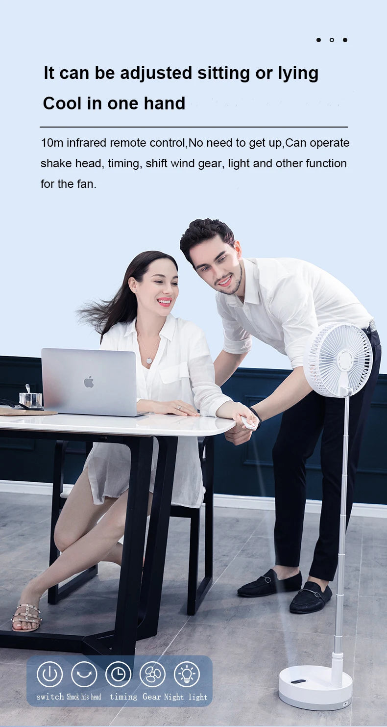 Ventilador de suelo plegable portátil de 10800 mAh | Recargable por USB, control remoto, enfriador de aire silencioso para acampar