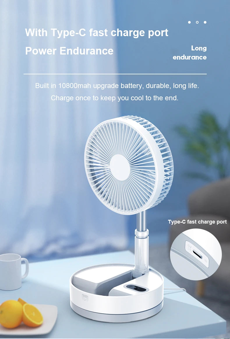 Ventilador de suelo plegable portátil de 10800 mAh | Recargable por USB, control remoto, enfriador de aire silencioso para acampar