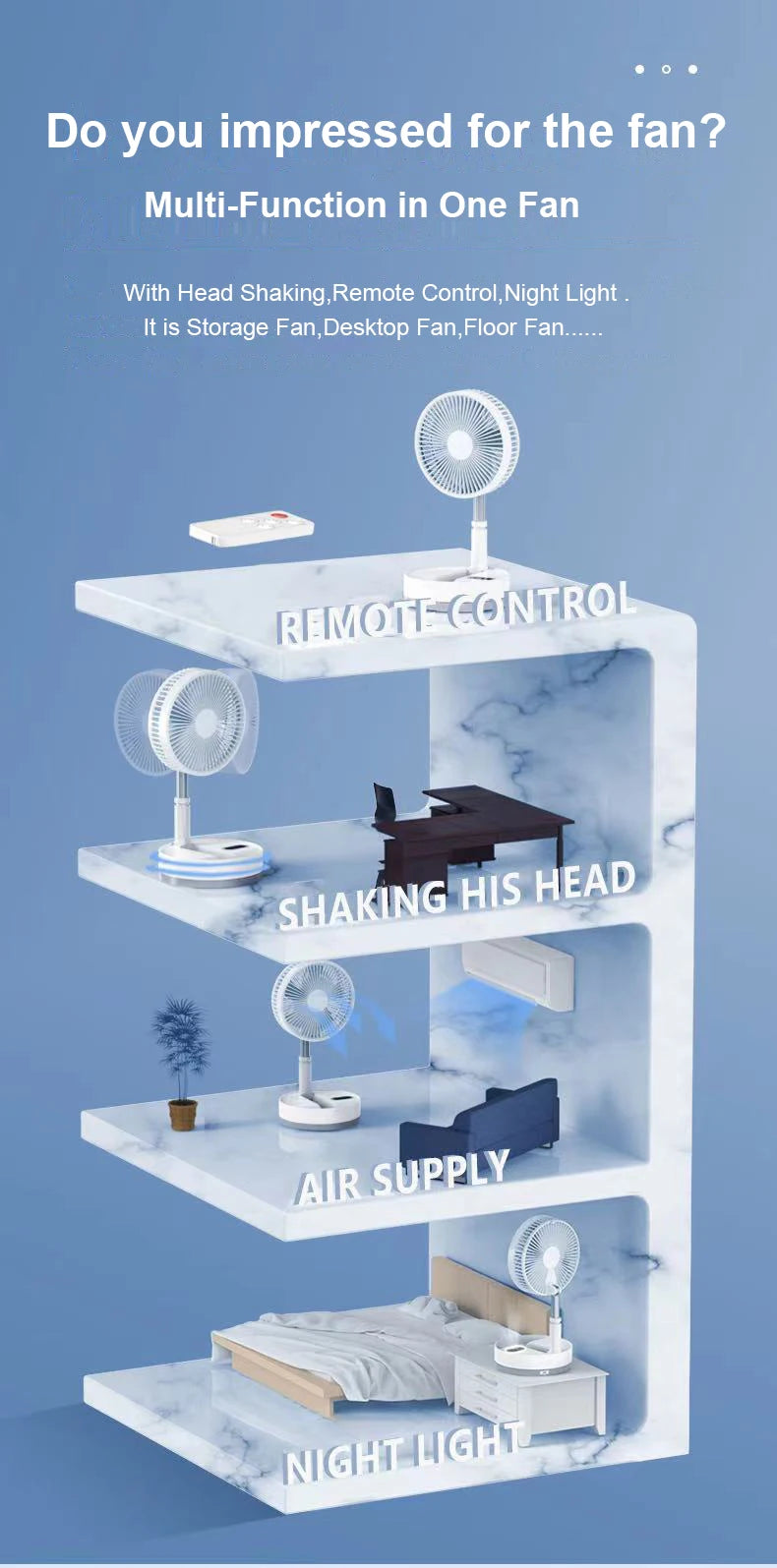 Ventilador de suelo plegable portátil de 10800 mAh | Recargable por USB, control remoto, enfriador de aire silencioso para acampar