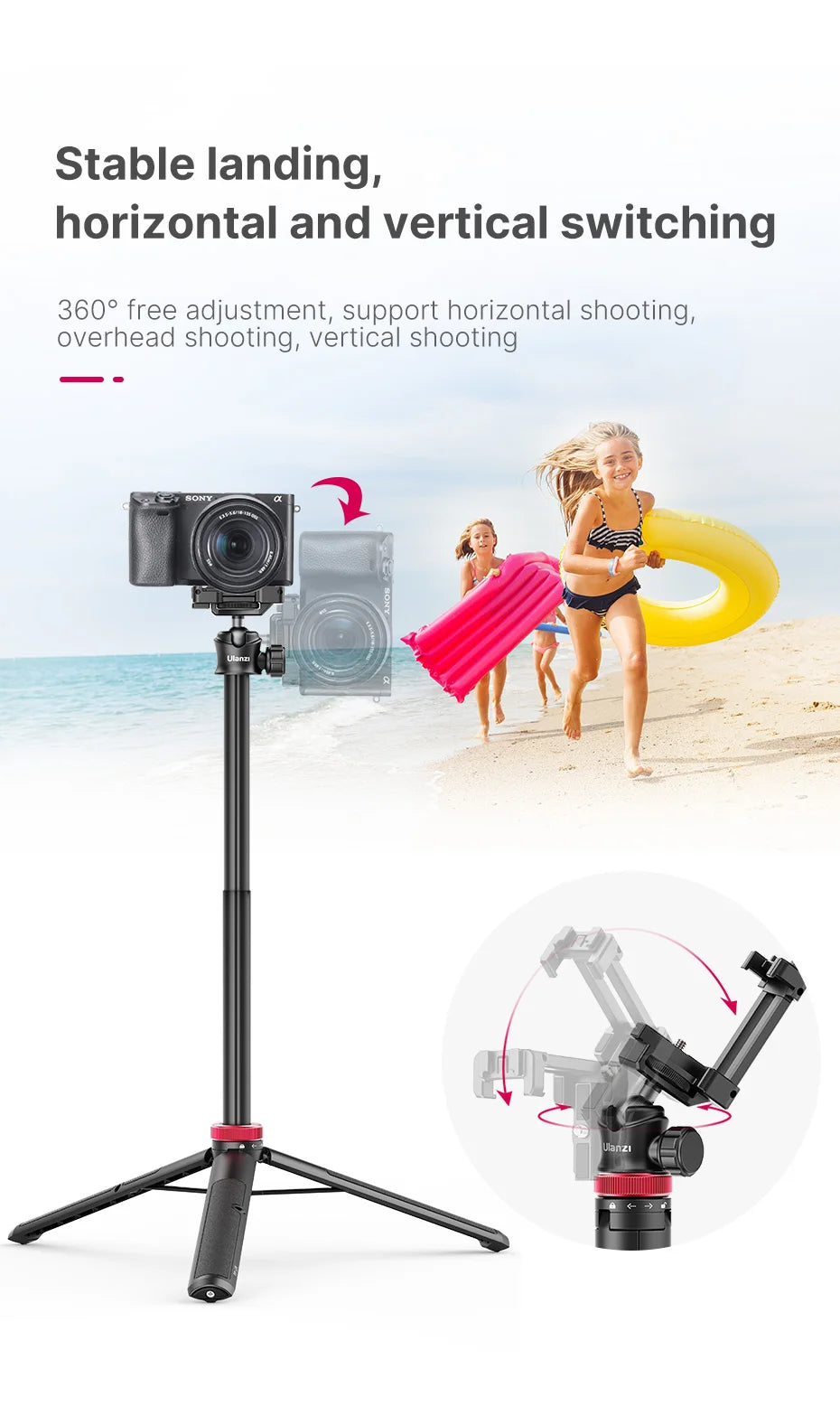 Extendable Vlog Tripod Stand with Phone Mount – 42" for DSLR, Smartphone, GoPro