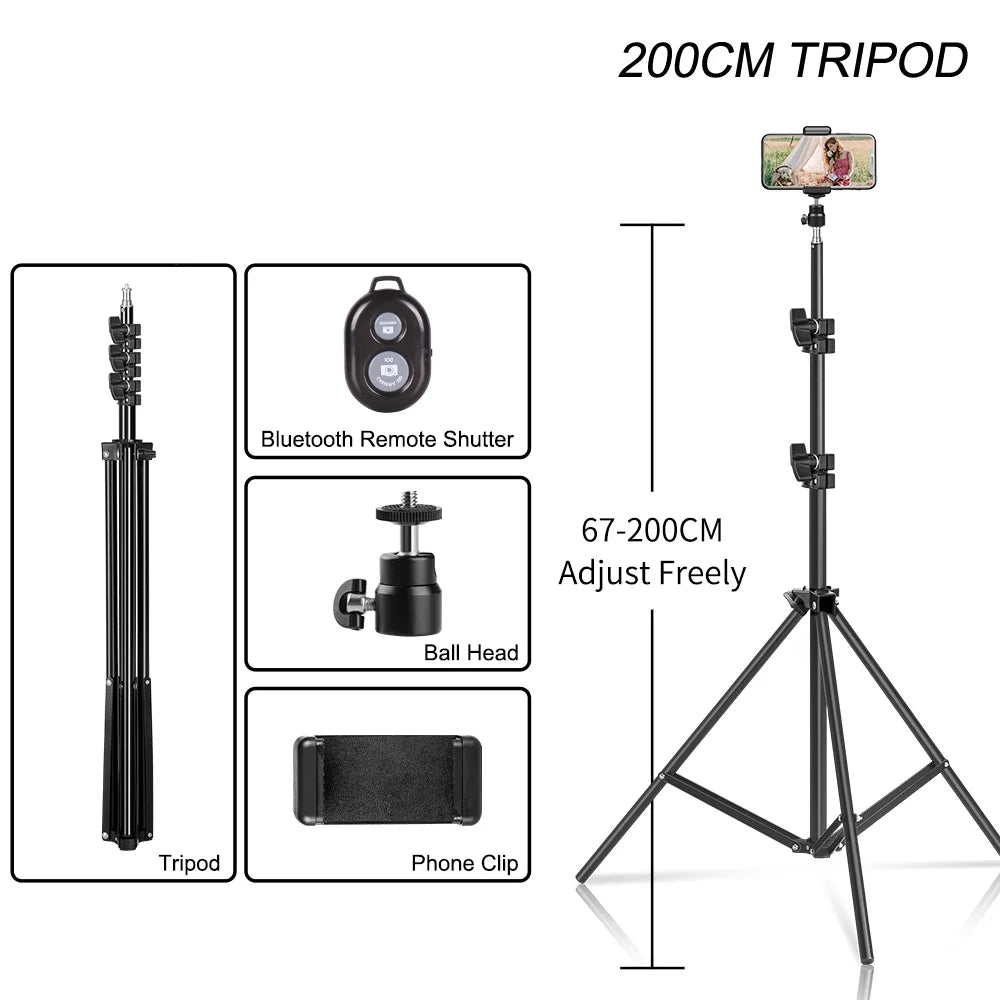 Flexible Phone Tripod Stand with Ring Light & Bluetooth Remote - 200cm