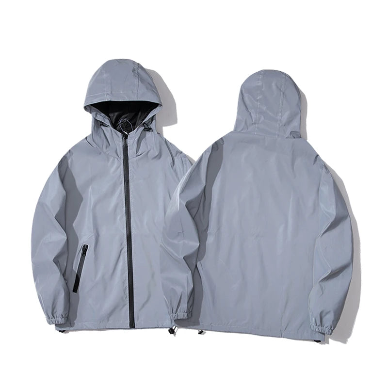 NEW SIZE Night Reflective Jackets Double Fabric Windbreaker Hooded Jacket Men Hip Hop Dancer Waterproof Zipper Coats Outwear Trekker Essentials