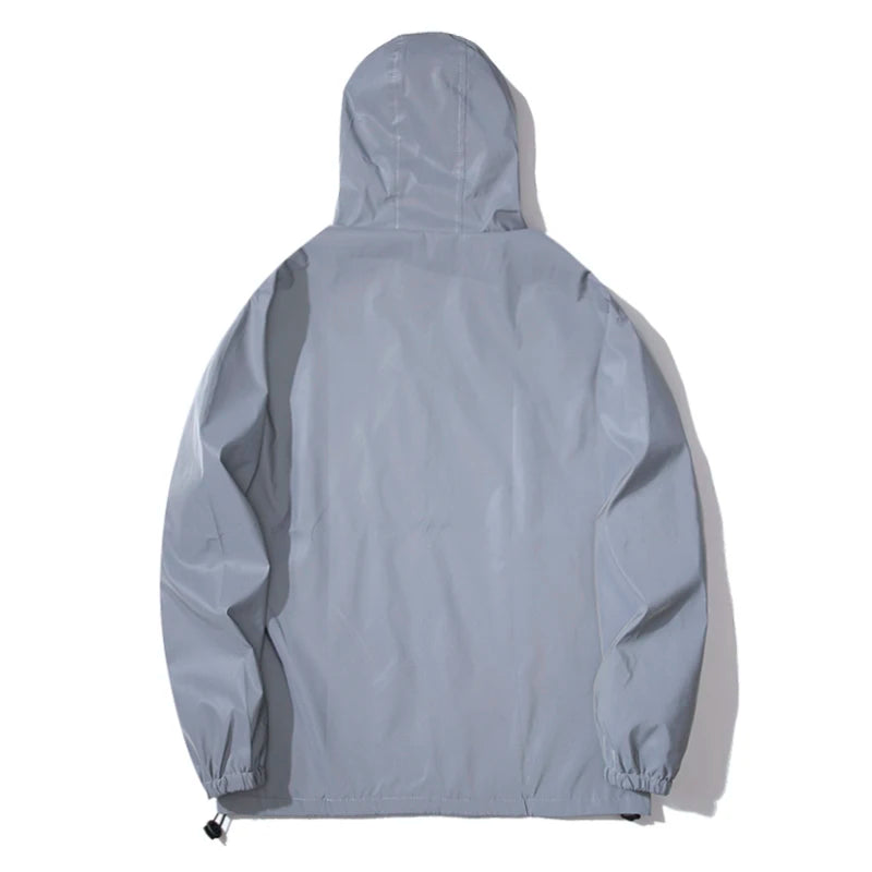 NEW SIZE Night Reflective Jackets Double Fabric Windbreaker Hooded Jacket Men Hip Hop Dancer Waterproof Zipper Coats Outwear Trekker Essentials