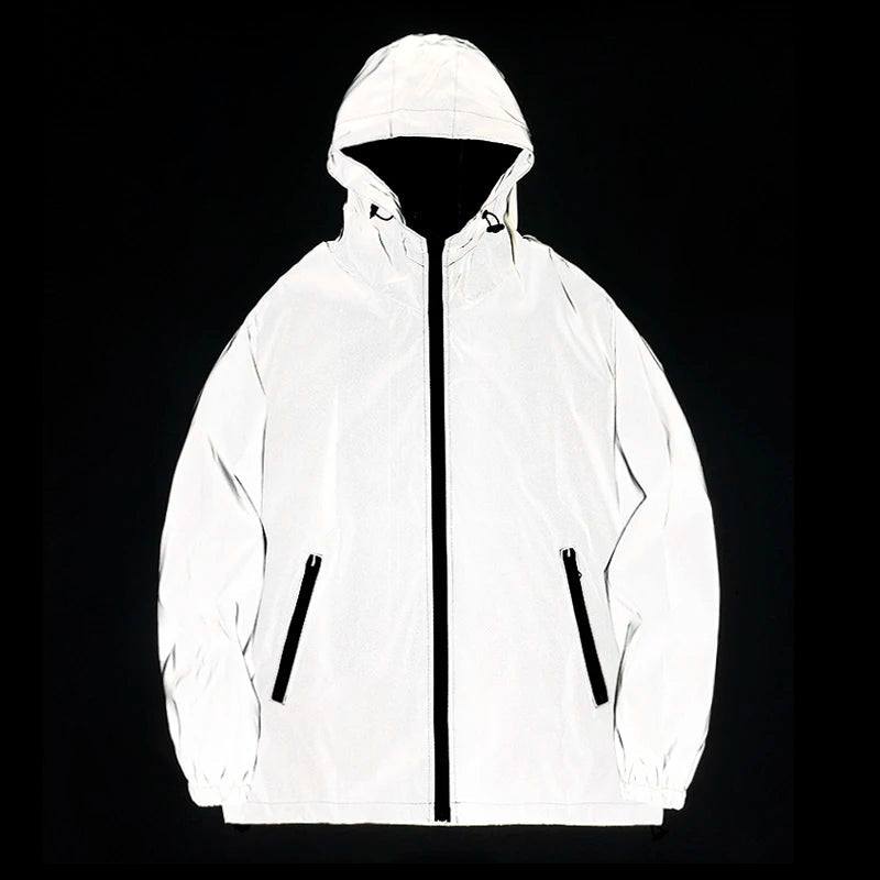 NEW SIZE Night Reflective Jackets Double Fabric Windbreaker Hooded Jacket Men Hip Hop Dancer Waterproof Zipper Coats Outwear Trekker Essentials