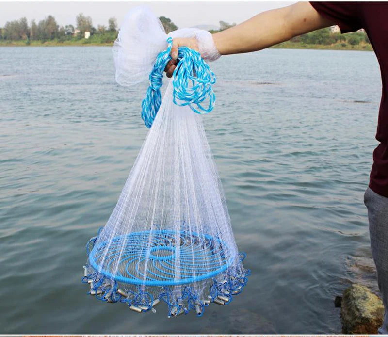 Lawaia Hand Cast Net Aluminum or Blue Plastic Ring Folding Network Steel Pendant Monofilament Nylon Fishing Line Fishnet Trekker Essentials