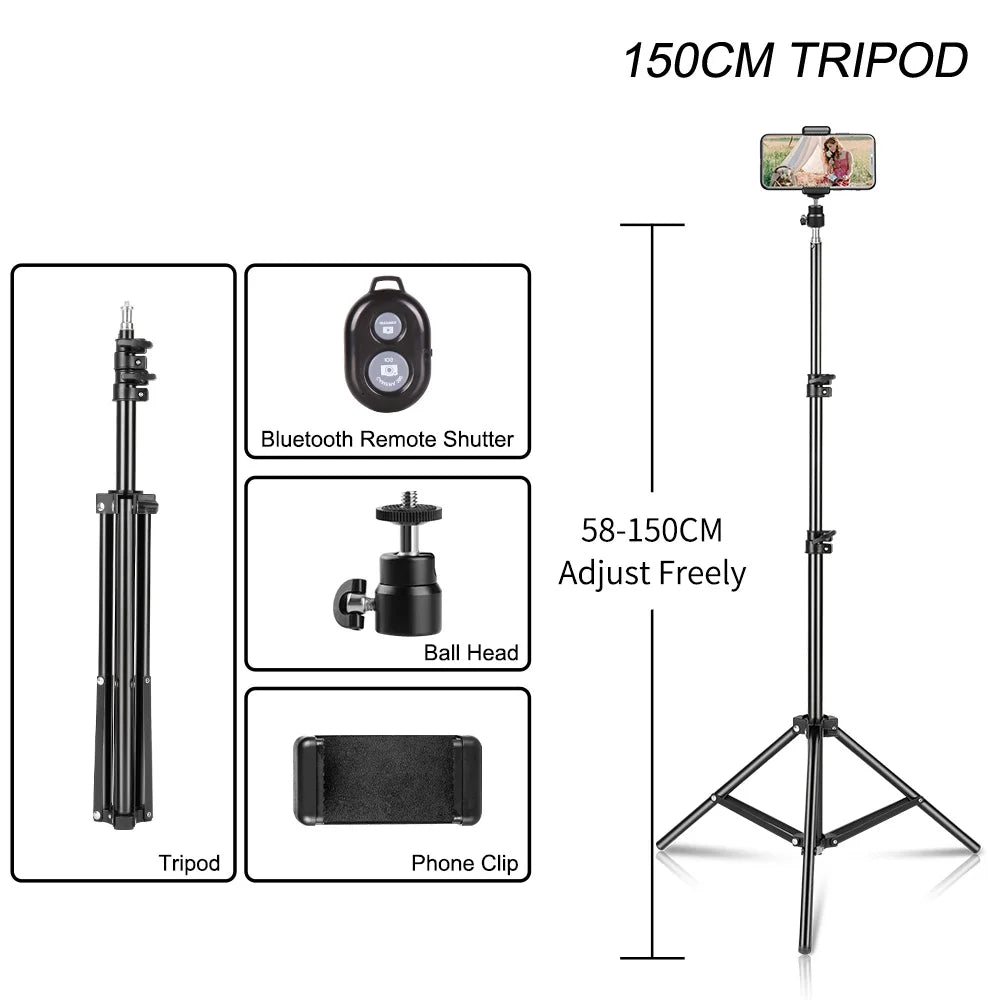 Flexible Phone Tripod Stand with Ring Light & Bluetooth Remote - 200cm