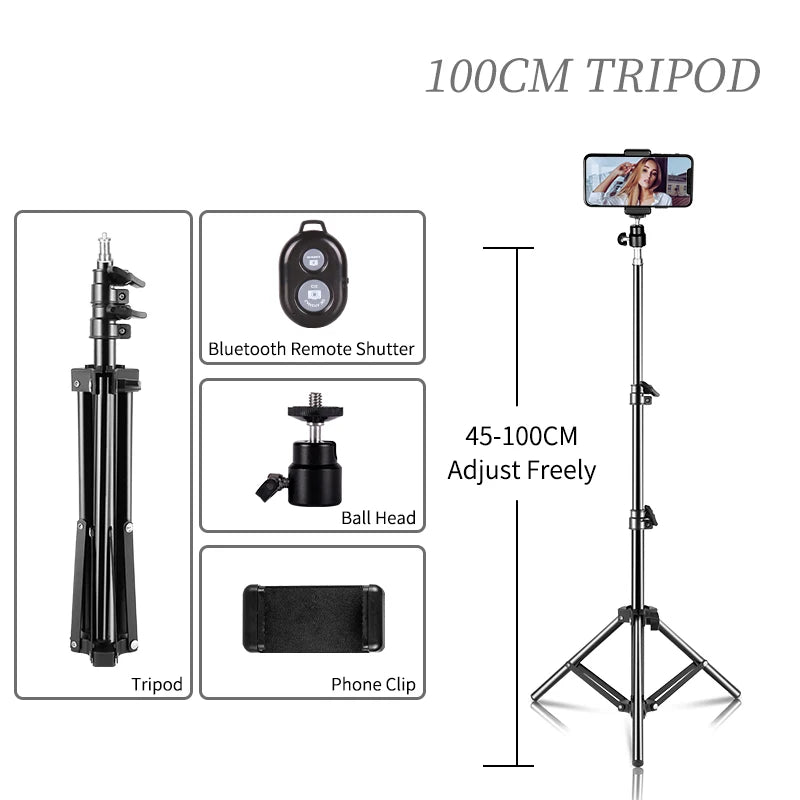 Flexible Phone Tripod Stand with Ring Light & Bluetooth Remote - 200cm