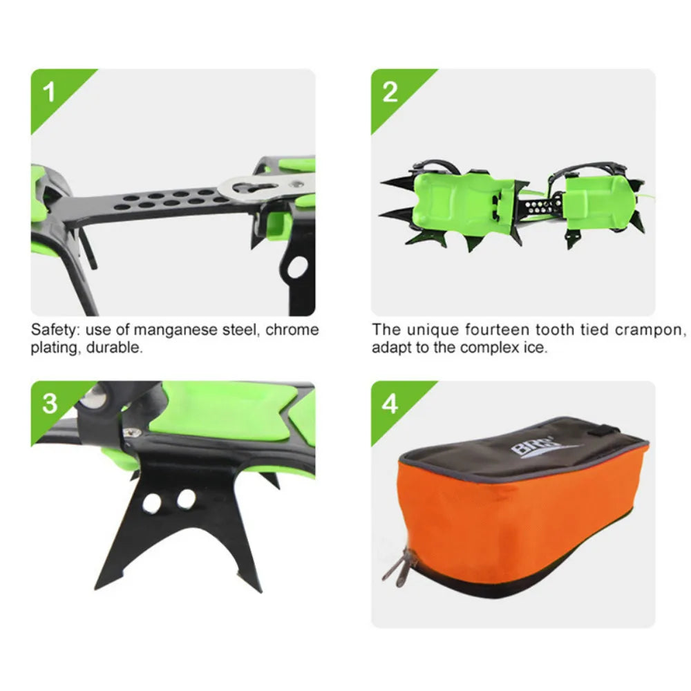 Crampones de hielo de acero de 14 dientes: agarres antideslizantes para nieve, esquí, senderismo y escalada.