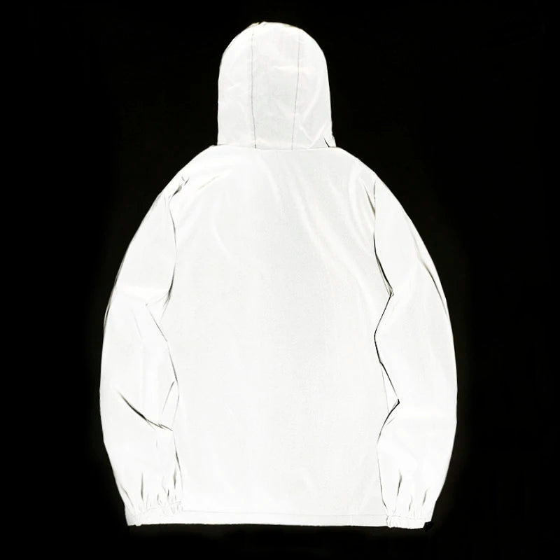 NEW SIZE Night Reflective Jackets Double Fabric Windbreaker Hooded Jacket Men Hip Hop Dancer Waterproof Zipper Coats Outwear Trekker Essentials