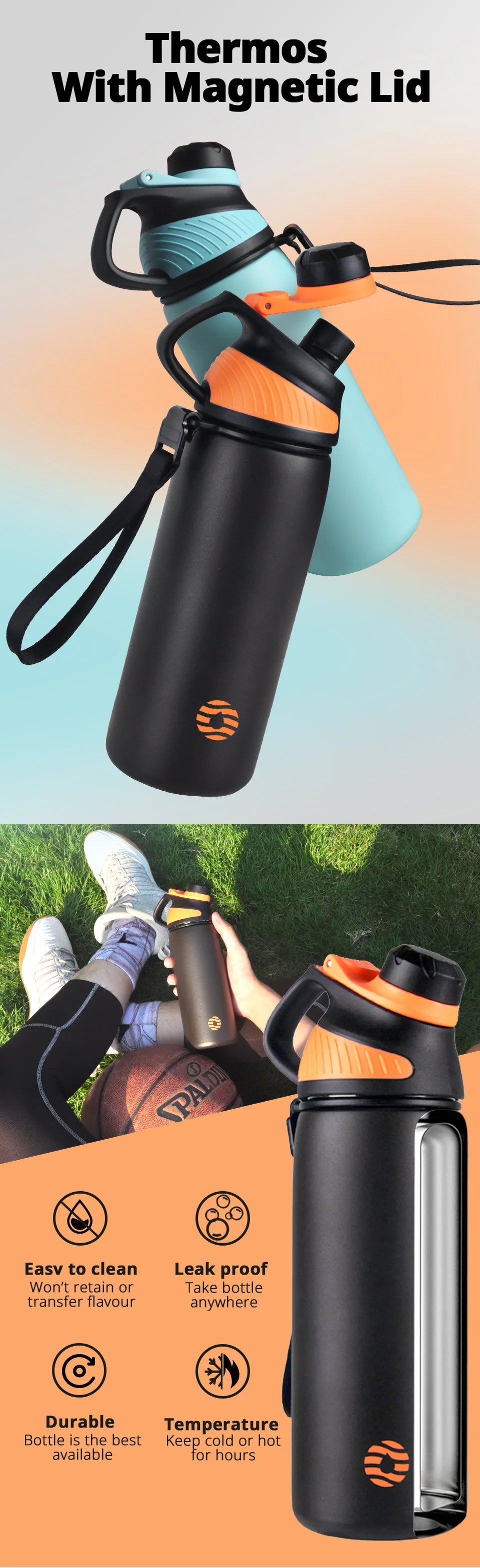 1000ml Stainless Steel Vacuum Flask | Magnetic Lid Insulated Water Bottle for Cycling & Outdoor Sports