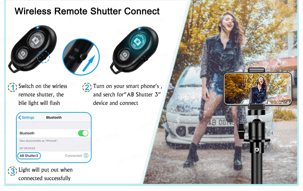 Flexible Phone Tripod Stand with Ring Light & Bluetooth Remote - 200cm