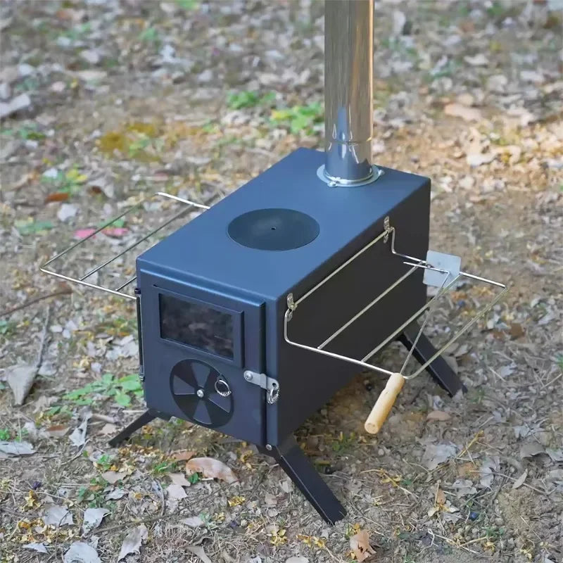 Portable Black Iron Wood Stove: Complete Tent Heating & Camping Cooking Stove Kit with Chimney