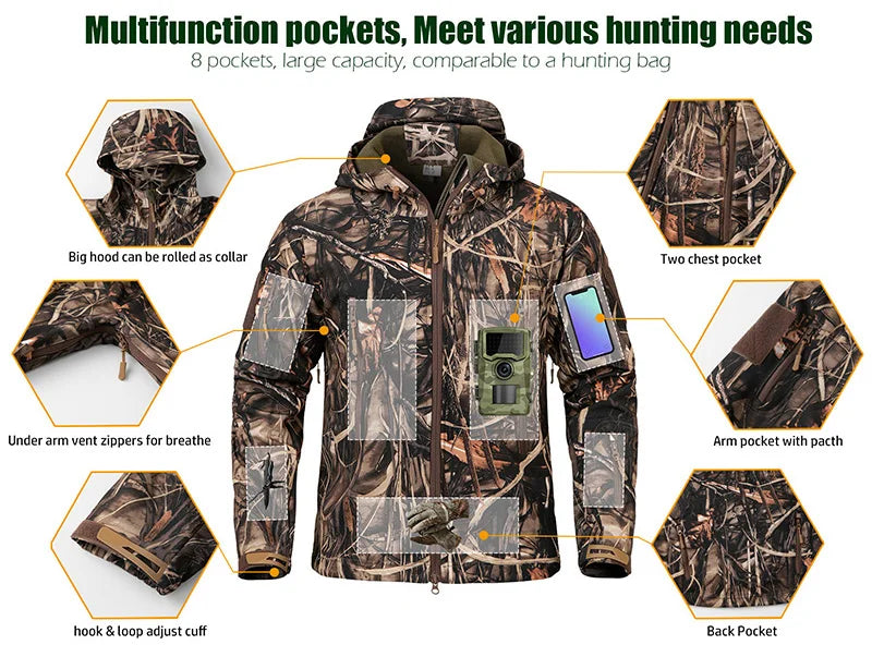 Men’s Camouflage Tactical Jacket – Waterproof Soft Shell Hunting Jacket with Fleece Lining for Outdoor & Winter Use Trekker Essentials