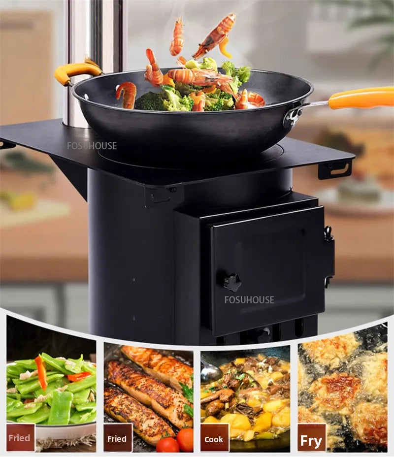 Mobile Wood Burning Heater Stove for Indoor & Outdoor Use - Portable Heating with Cooking Top