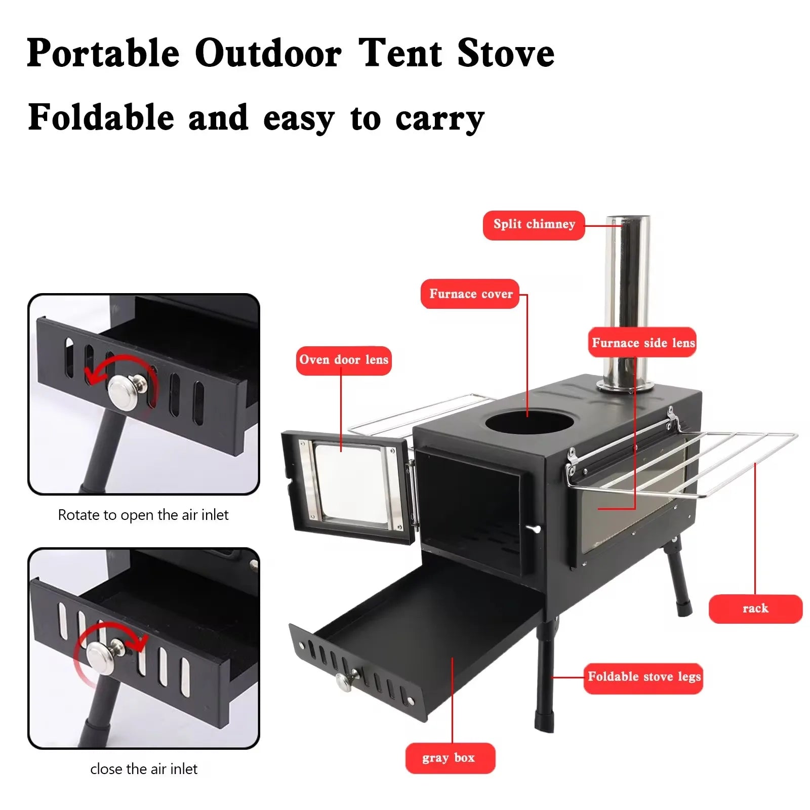 Portable Stainless Steel Tent Stove: Wood Burning Stove with Chimney Pipe for Camp Heating & Cooking