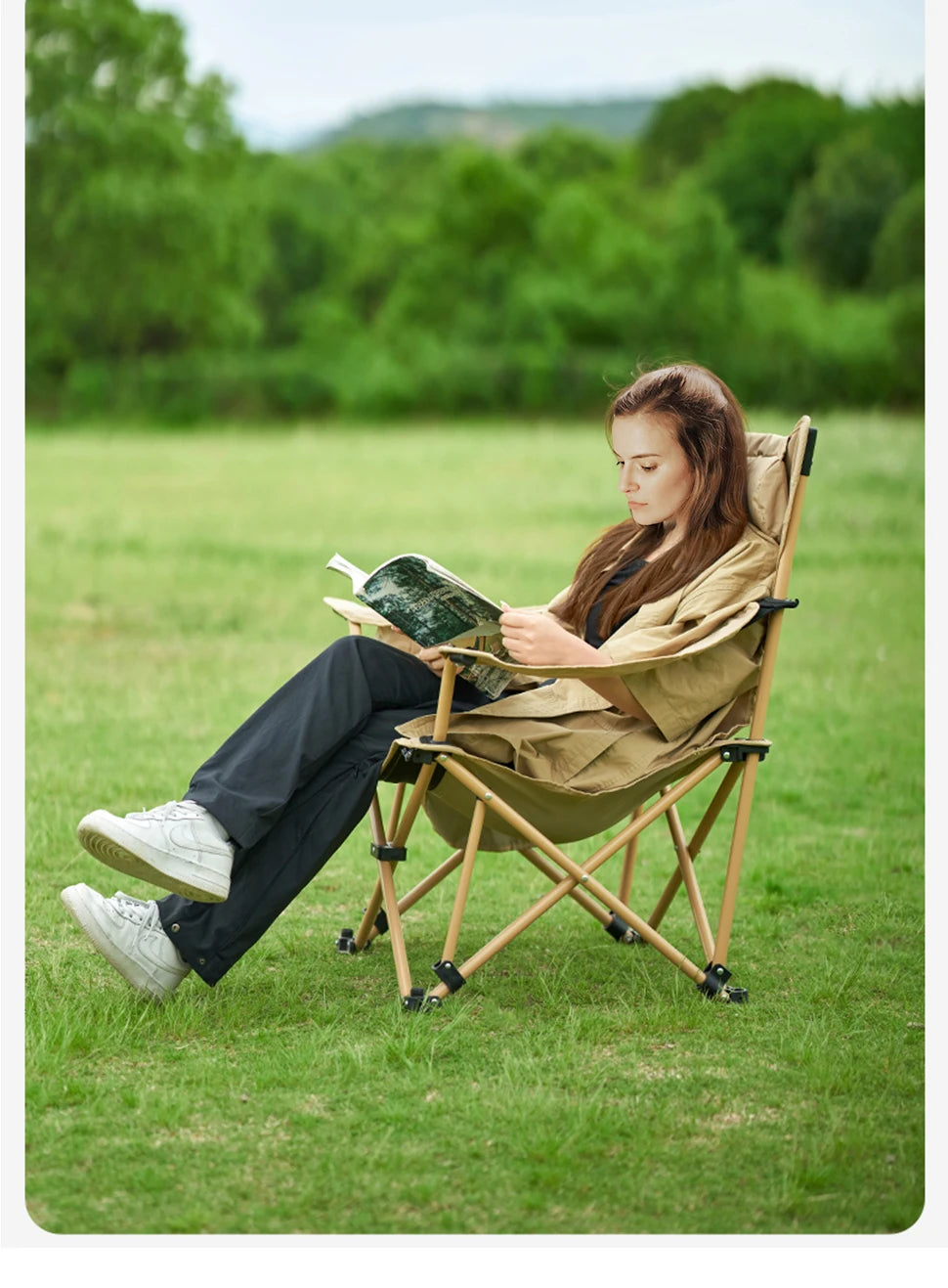 BRS 2-in-1 Reclining Camping Chair Lightweight Folding Camping Lounge Chair with Adjustable Backrest & Footrest for Beach Trekker Essentials