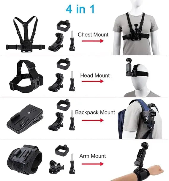 Accessories Kit for DJI Osmo Pocket 3 – Quick Release Head Strap, Chest Harness, Backpack Clip & Wrist Mount Set
