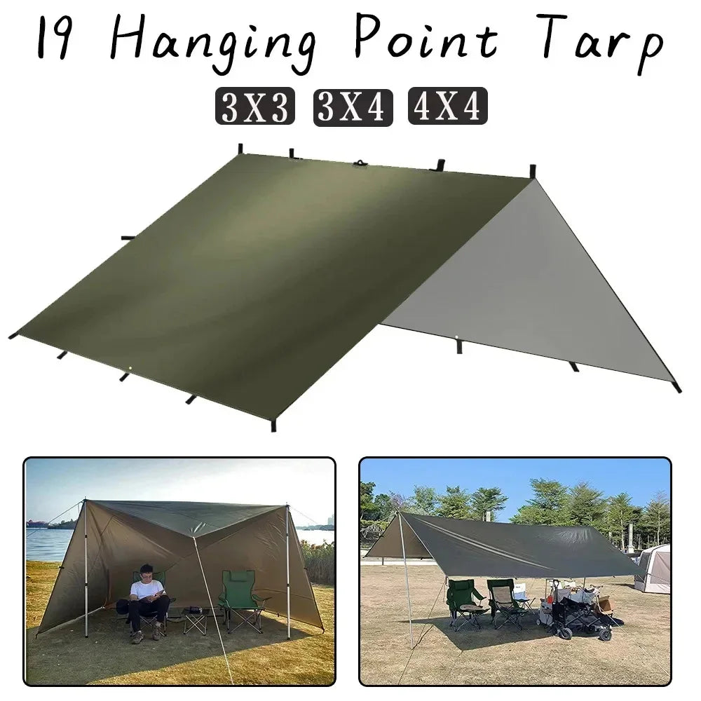 19 Hang Point Tarp Waterpoof Survival Bushcraft Sun Shelter Beach Shade Tent Outdoor Canopy Backpacking Tourist Awning 4x4 3x3m Trekker Essentials
