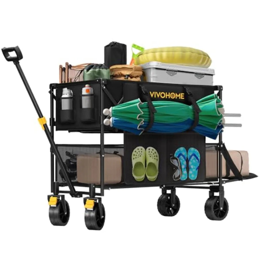 400L Large Capacity Double Decker Collapsible Wagon 500lbs Heavy Duty Utility Folding Cart with Big Wheels 53 Extended for Camp