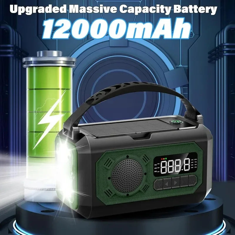 12000mAh Solar Emergency Radio – AM/FM Weather Alert, Hand Crank Power Bank, SOS Alarm & Reading Lamp for Camping, Hiking & Survival