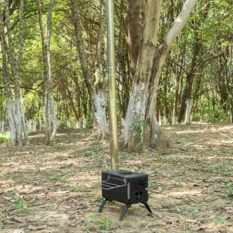 Portable Black Iron Wood Stove: Complete Tent Heating & Camping Cooking Stove Kit with Chimney