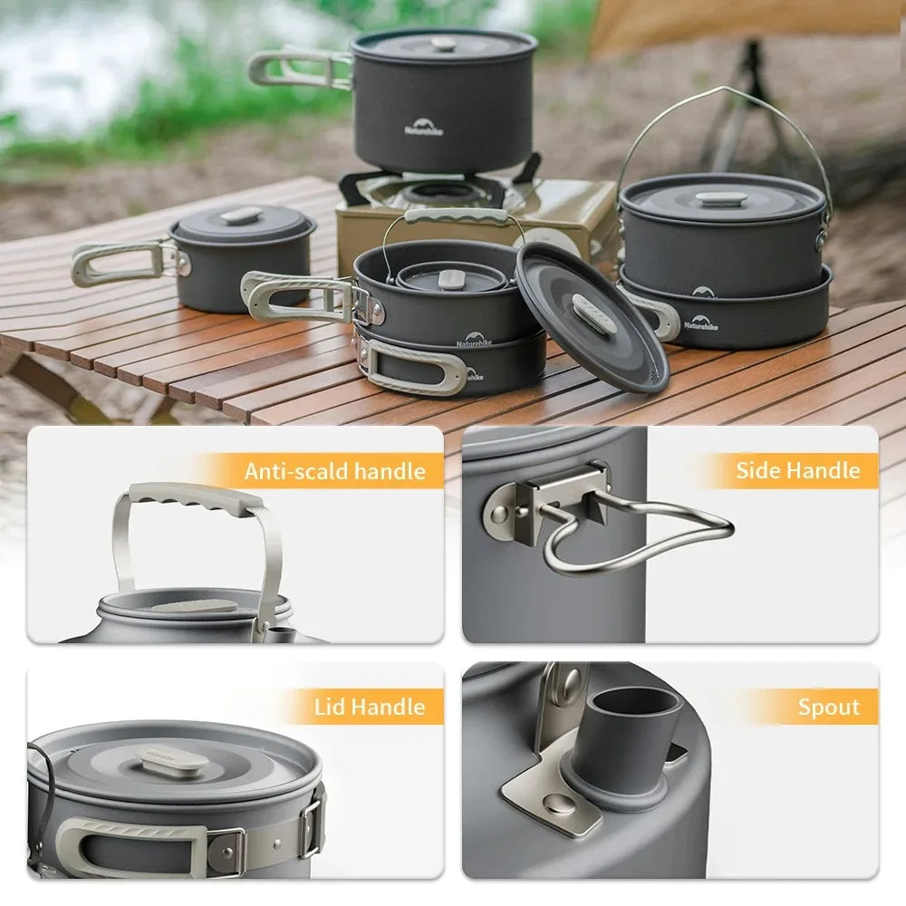 Compact Camping Cookware Set – Non-Stick Aluminum Outdoor Cooking & Picnic Kit with Teapot for 2–4 Persons