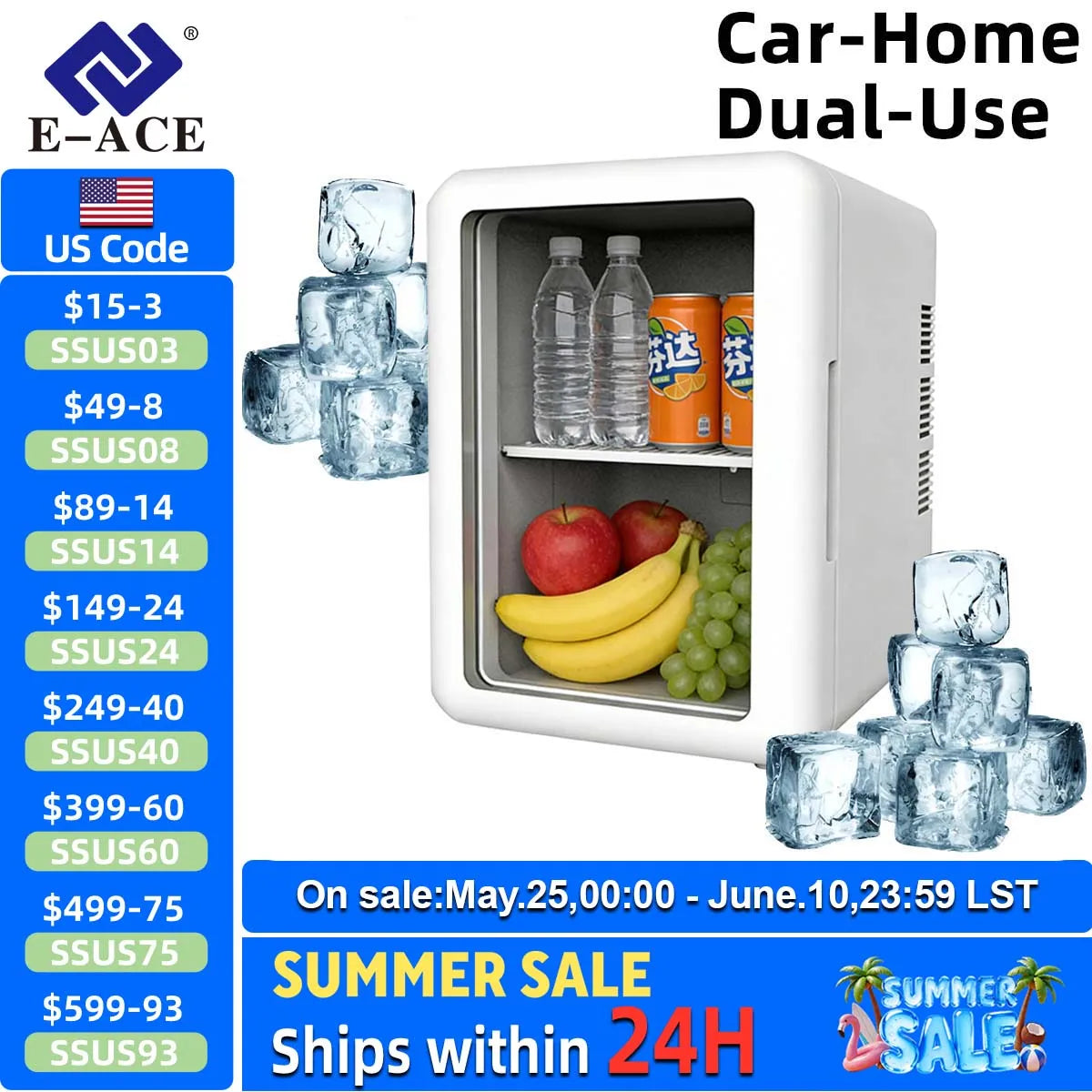 E-ACE 4L Car Refrigerator Mini Fridge Freezer Car & Home Use Portable Compressor Cooler Ice Box for Camping Summer Essential Trekker Essentials