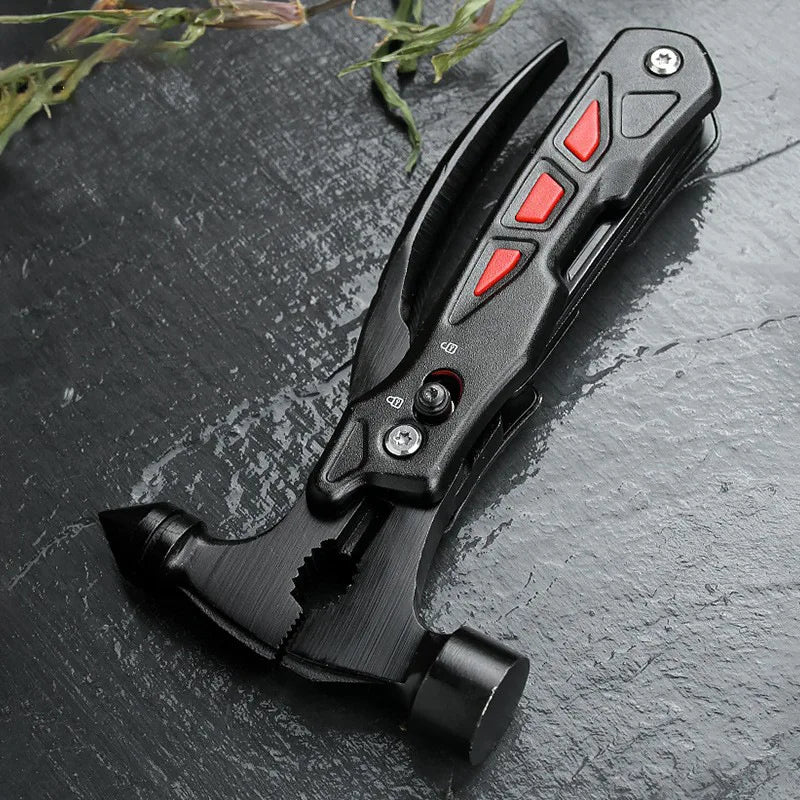 1 navaja multifunción para exteriores con forma de martillo de garra: herramienta de supervivencia de acero inoxidable con alicates, martillo de camping, sacaclavos y herramienta de rescate de emergencia.