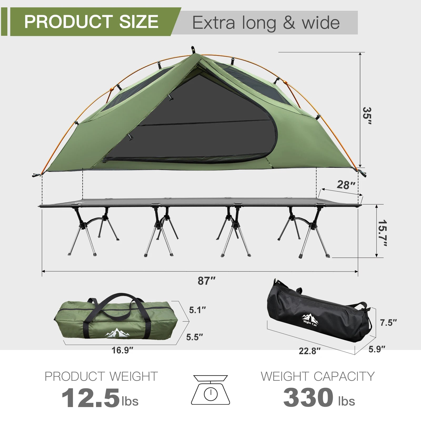 Night Cat 1-Person Camping Cot Tent – Waterproof Off-Ground Sleeping System with Mosquito Net & Aluminum Frame