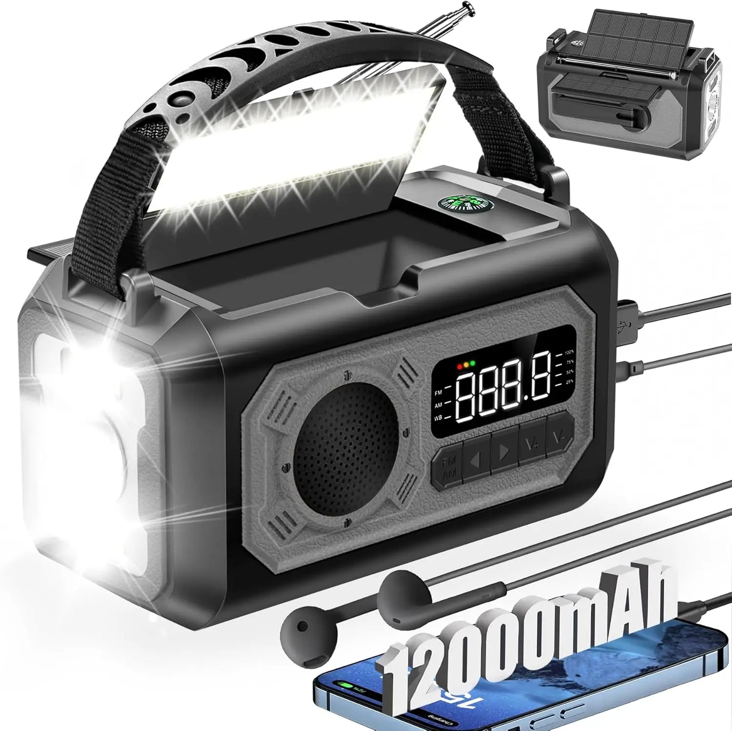 12000mAh Solar Emergency Radio – AM/FM Weather Alert, Hand Crank Power Bank, SOS Alarm & Reading Lamp for Camping, Hiking & Survival
