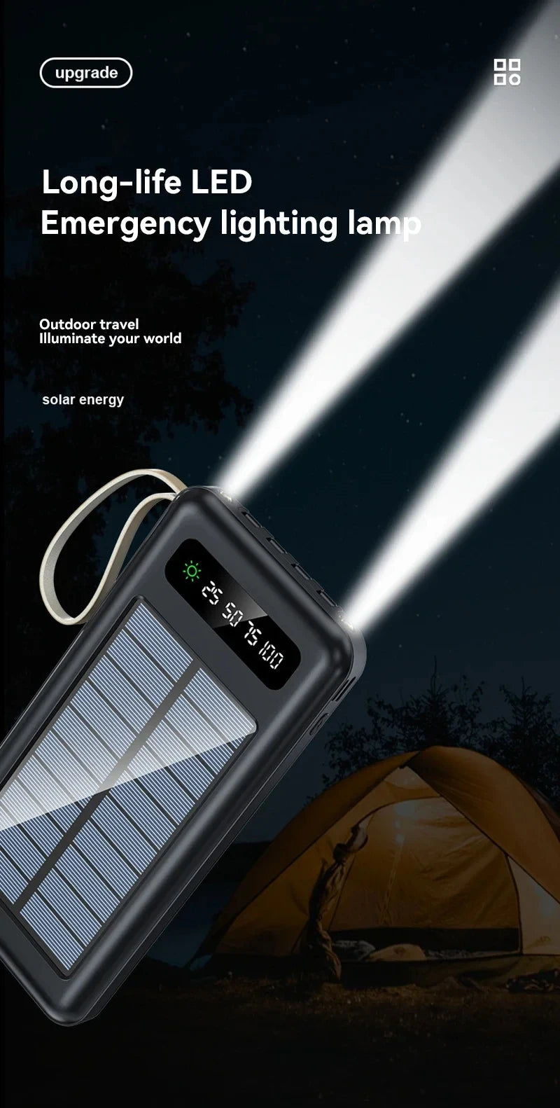 200000mAh Solar Power Bank – Ultra High Capacity Fast Charging Portable Charger with Built-in Cables & LED Light Trekker Essentials
