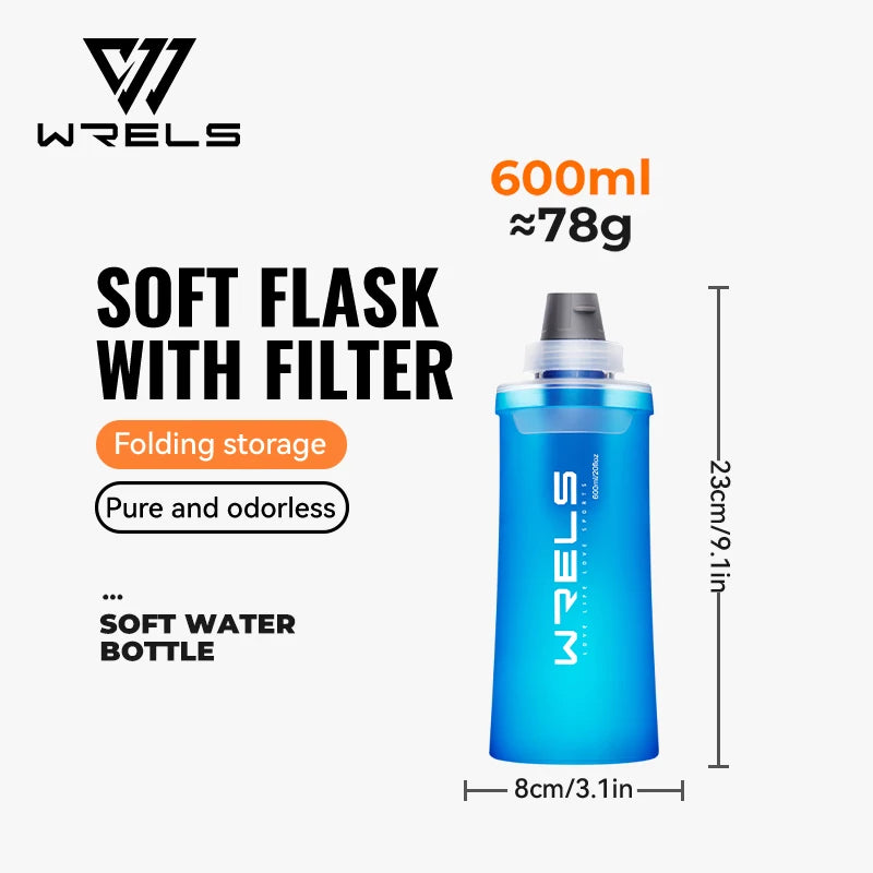 WRELS Soft Water Bottle with Filter Ultralight Collapsible Water Filter Bottle Hydrapak Soft Flask for Hiking Camping Backpack Trekker Essentials