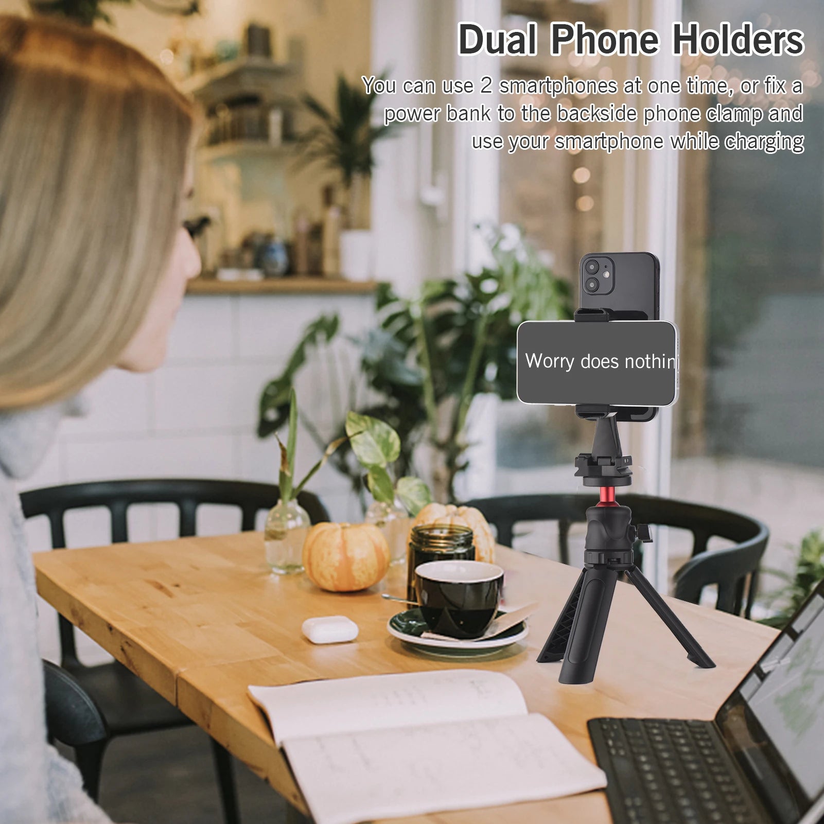 Professional Smartphone Video Kit - Dual Phone Mount with 4 Cold Shoes, 360° Tripod & Adjustable Holders for Vlogging/Live Streaming.