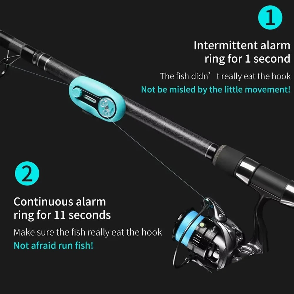 Alarma de picada universal con luz LED: alerta sonora electrónica para cañas de mar y río (diseño con clip)