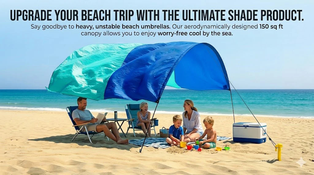 Wind-Resistant Beach Shade Tent 150 sq ft oversized canopy with sand anchors 4 lb ultralightweight UPF 50+ sun protection tent Trekker Essentials