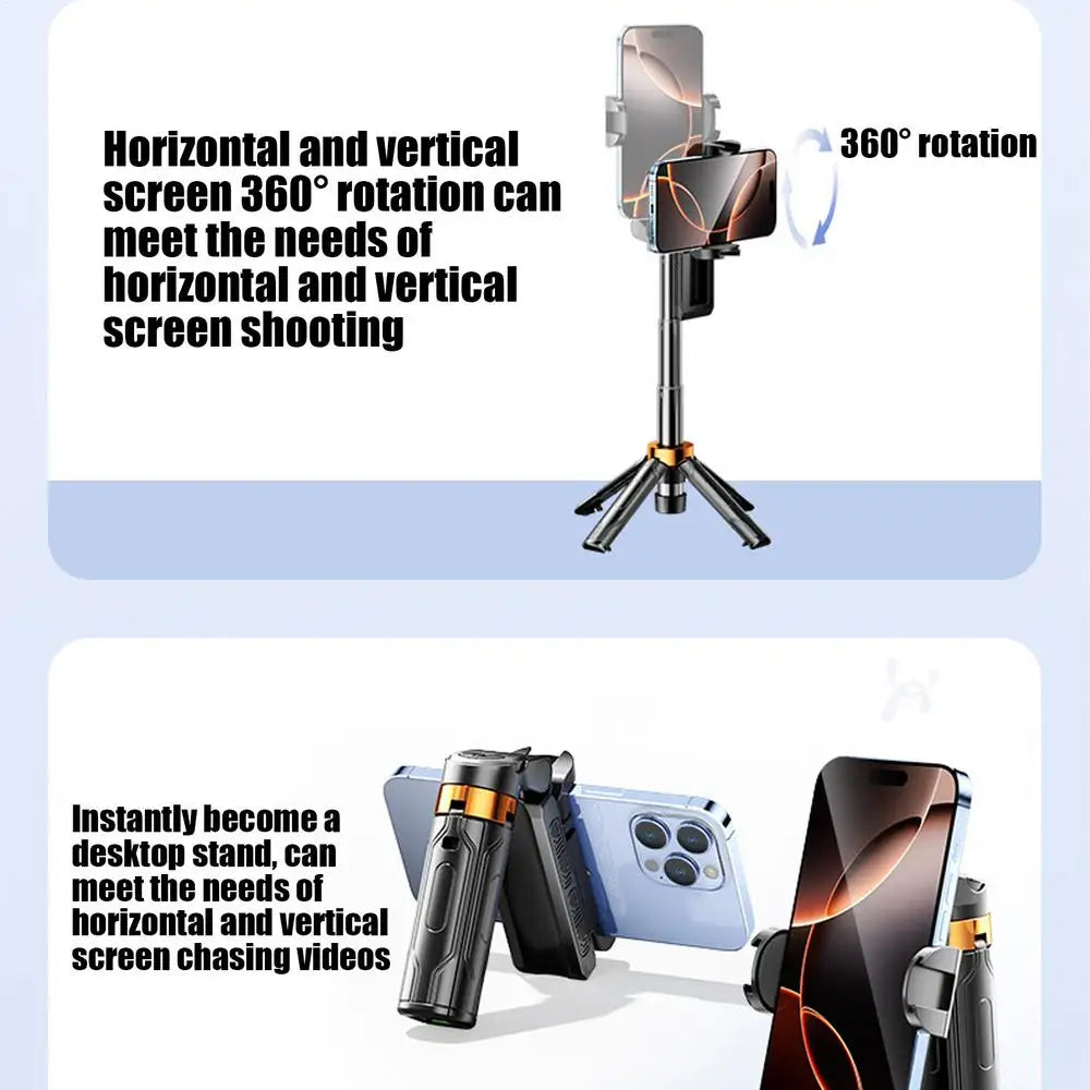 Trípode para selfies giratorio de 360° con control remoto inalámbrico y soporte para teléfono