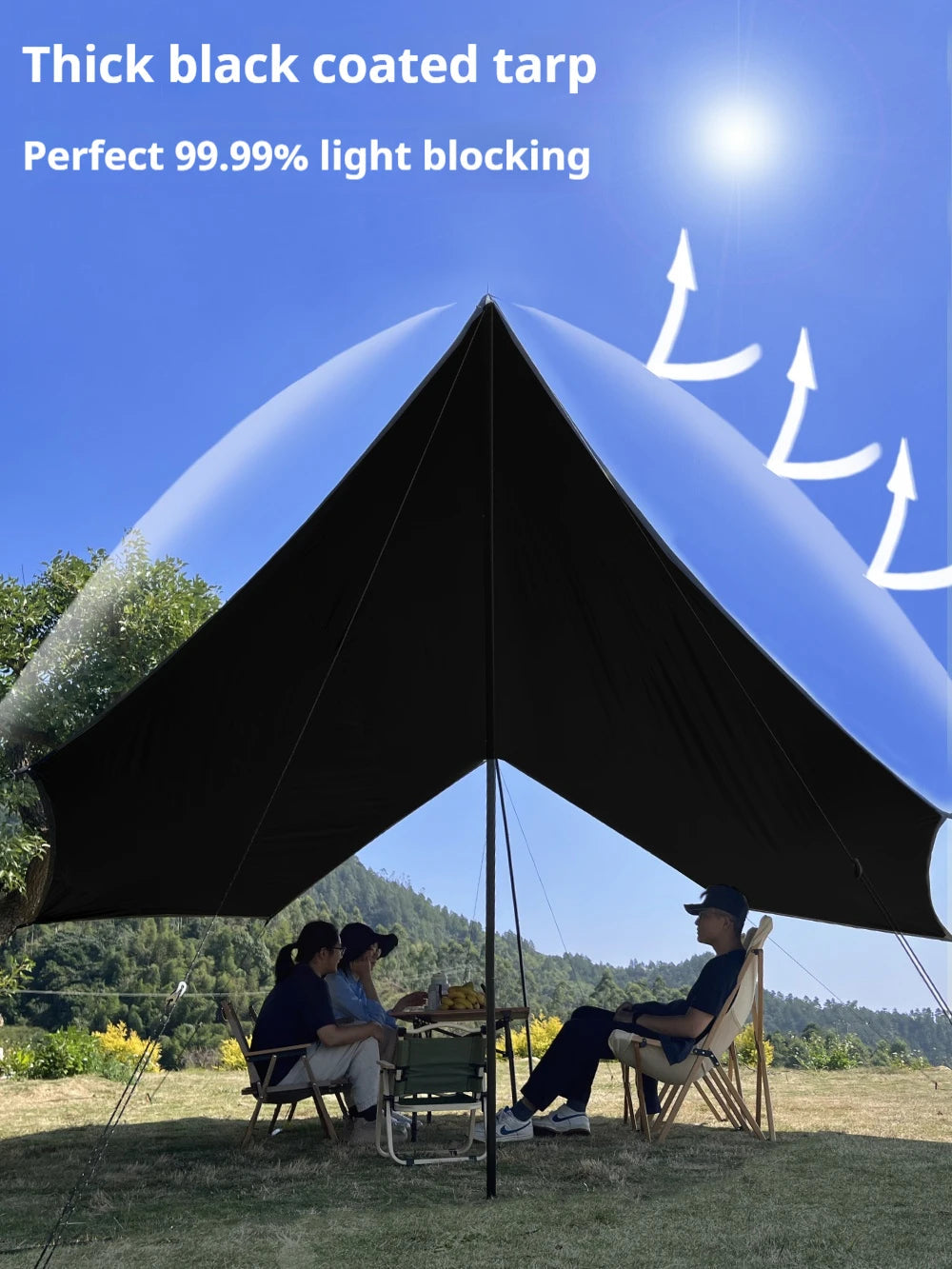 Large Waterproof Camping Tarp 5.1×5.1m – Black Coated Sun Shelter Canopy for Outdoor Camping & Shade Trekker Essentials
